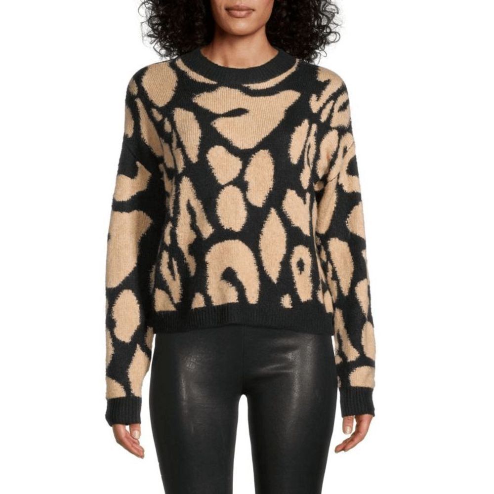 Saks Fifth Avenue Abstract Sweater Womens Size M Tan Black Crew Neck Long Sleeve